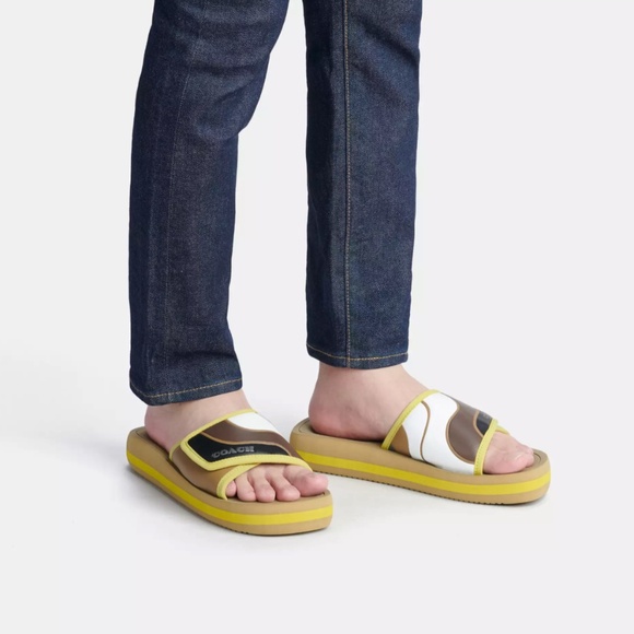 NWOB COACH Sport Slide Size 8 Rubber Pool Beach CA326 Brown Green Leather - Picture 2 of 10